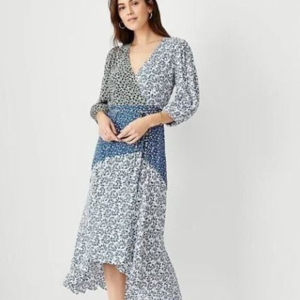 NWT Ann Taylor True Wrap Flare Blue Maxi Floral Dress Lined Boho 3/4 Sleeve 0 P